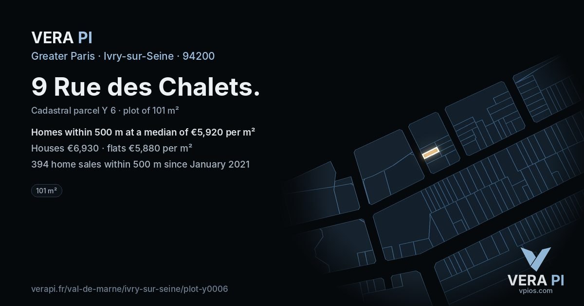 9 Rue des Chalets, Ivry-sur-Seine at night – the plot lit, the parcels around coloured by the prices near them