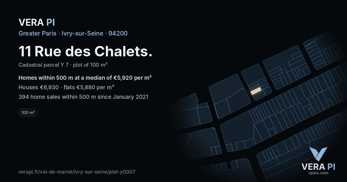 11 Rue des Chalets, Ivry-sur-Seine at night – the plot lit, the parcels around coloured by the prices near them