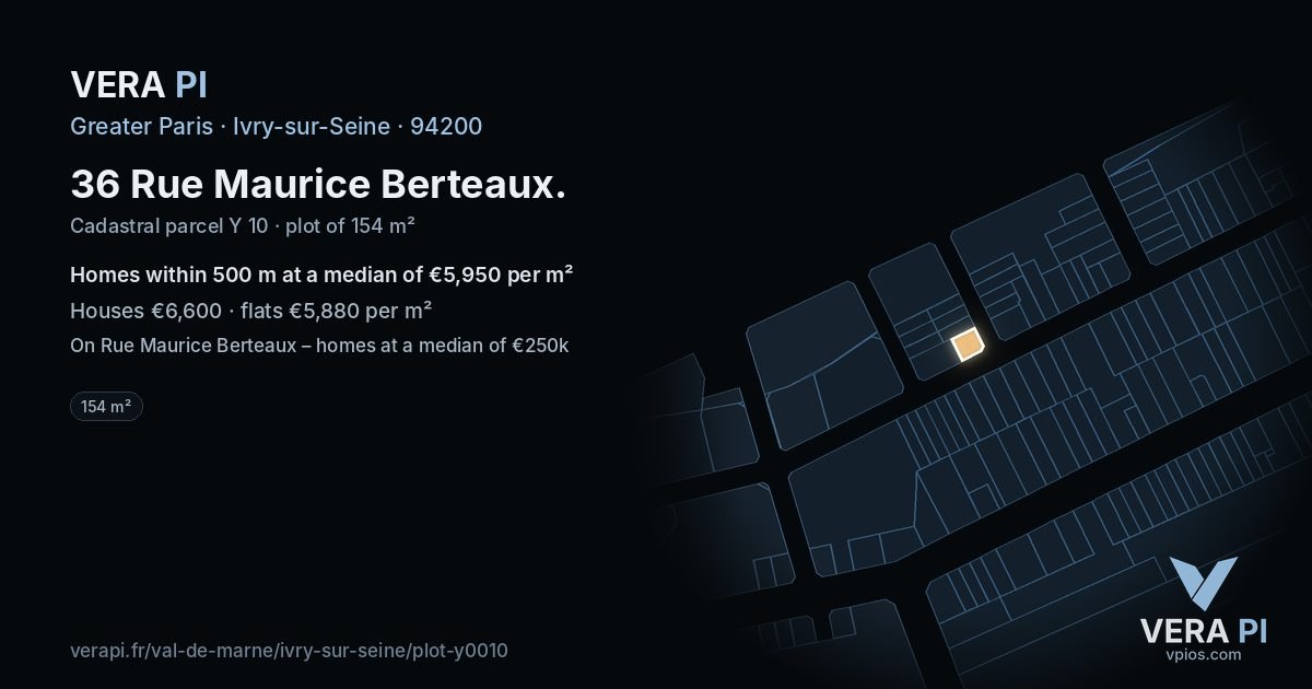 36 Rue Maurice Berteaux, Ivry-sur-Seine at night – the plot lit, the parcels around coloured by the prices near them