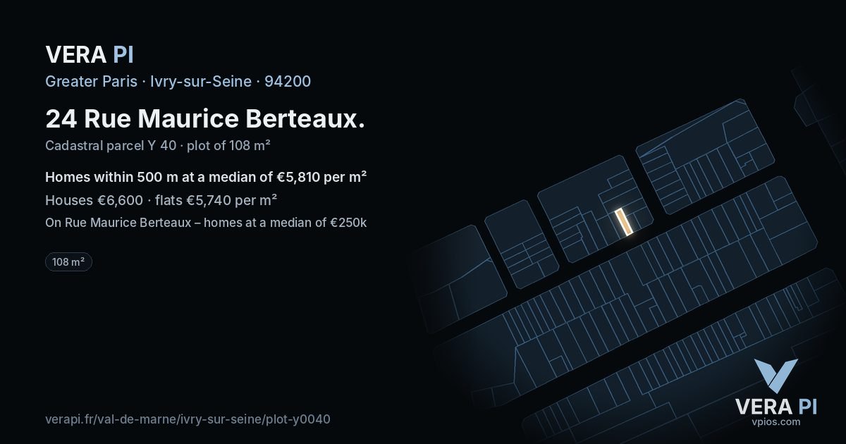 24 Rue Maurice Berteaux, Ivry-sur-Seine at night – the plot lit, the parcels around coloured by the prices near them
