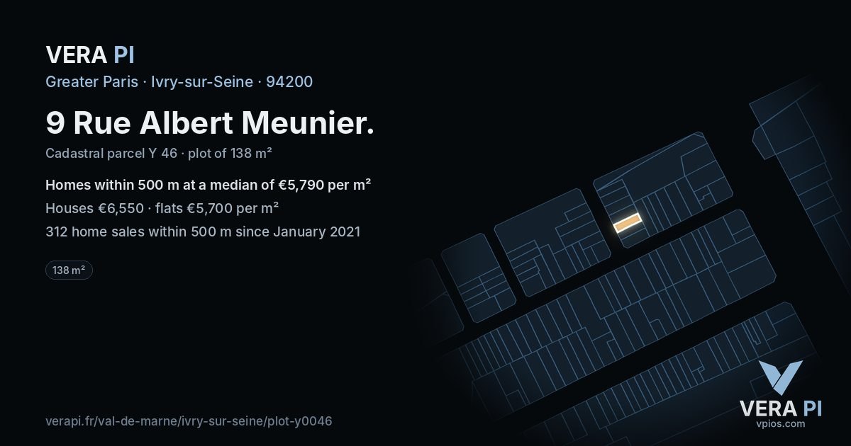 9 Rue Albert Meunier, Ivry-sur-Seine at night – the plot lit, the parcels around coloured by the prices near them