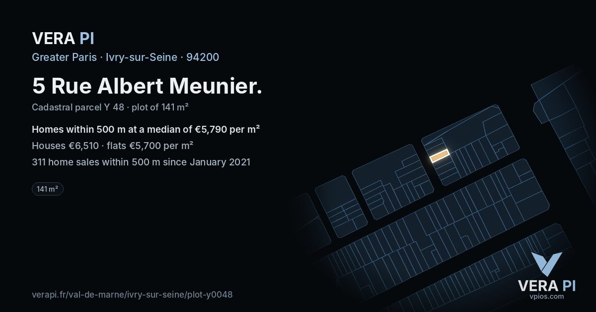 5 Rue Albert Meunier, Ivry-sur-Seine at night – the plot lit, the parcels around coloured by the prices near them