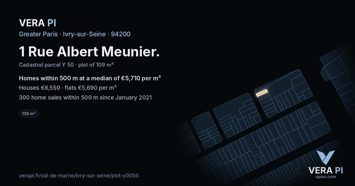 1 Rue Albert Meunier, Ivry-sur-Seine at night – the plot lit, the parcels around coloured by the prices near them