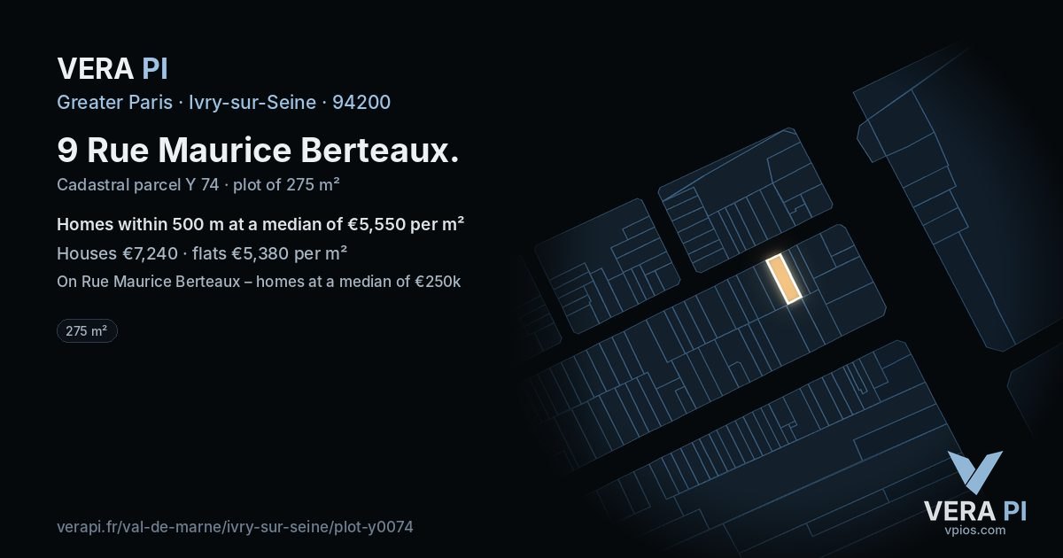 9 Rue Maurice Berteaux, Ivry-sur-Seine at night – the plot lit, the parcels around coloured by the prices near them