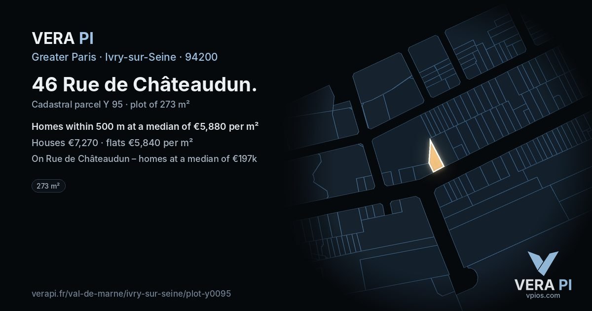 46 Rue de Châteaudun, Ivry-sur-Seine at night – the plot lit, the parcels around coloured by the prices near them