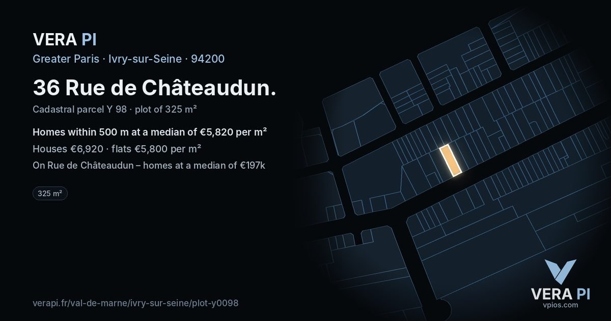 36 Rue de Châteaudun, Ivry-sur-Seine at night – the plot lit, the parcels around coloured by the prices near them