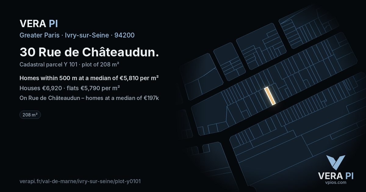 30 Rue de Châteaudun, Ivry-sur-Seine at night – the plot lit, the parcels around coloured by the prices near them