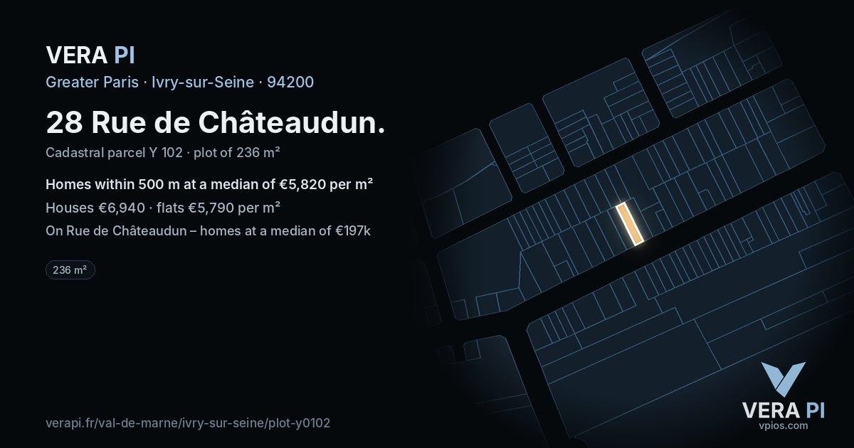 28 Rue de Châteaudun, Ivry-sur-Seine at night – the plot lit, the parcels around coloured by the prices near them