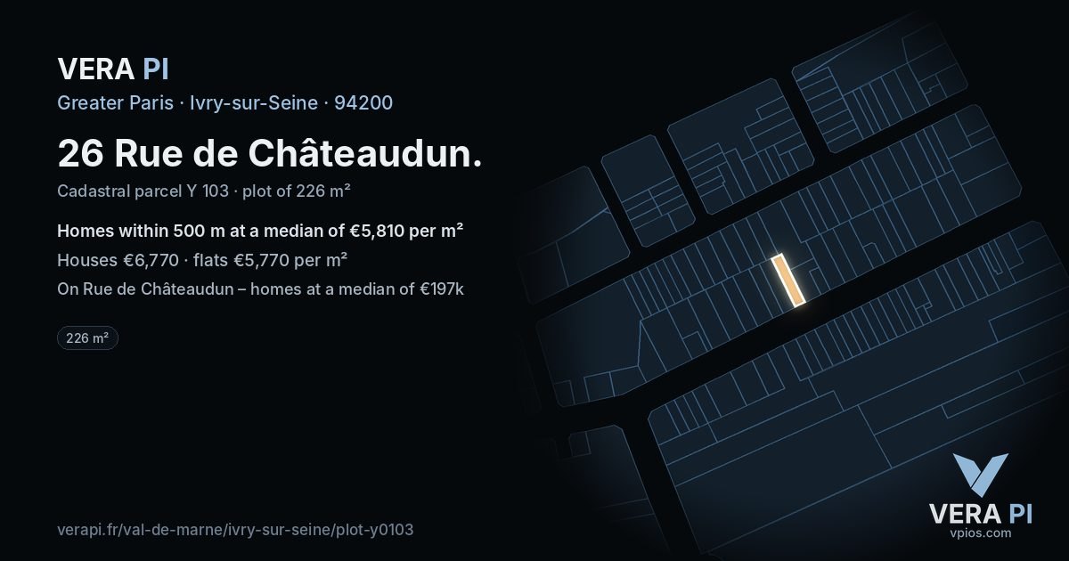 26 Rue de Châteaudun, Ivry-sur-Seine at night – the plot lit, the parcels around coloured by the prices near them