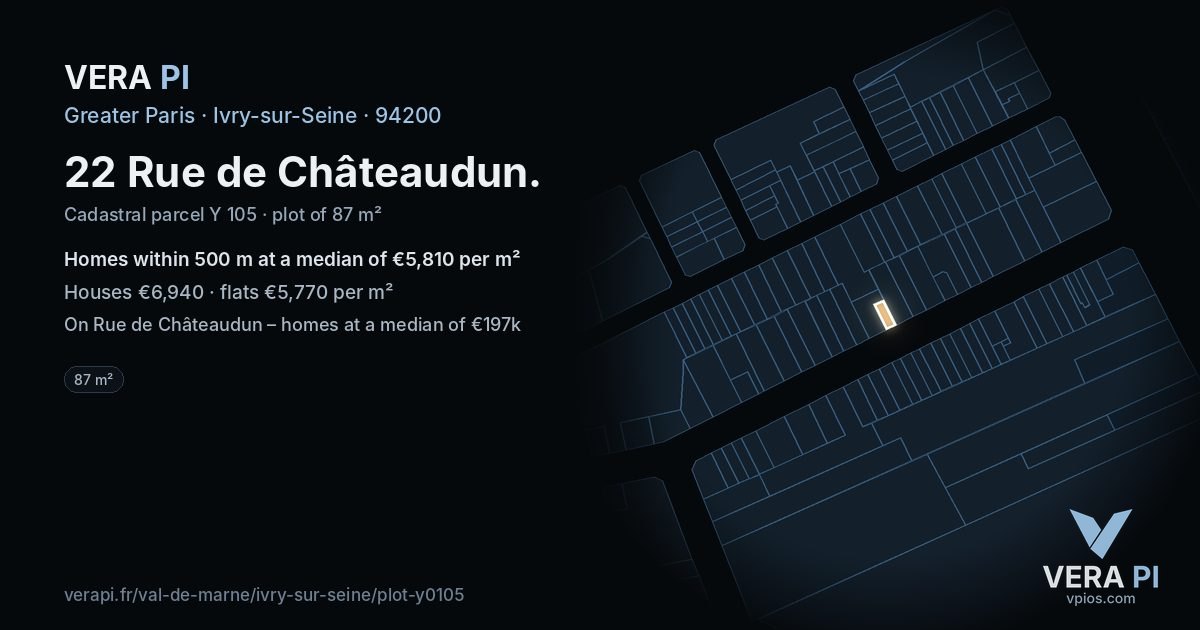 22 Rue de Châteaudun, Ivry-sur-Seine at night – the plot lit, the parcels around coloured by the prices near them