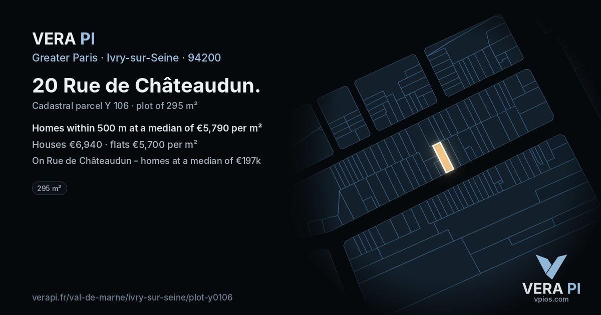 20 Rue de Châteaudun, Ivry-sur-Seine at night – the plot lit, the parcels around coloured by the prices near them