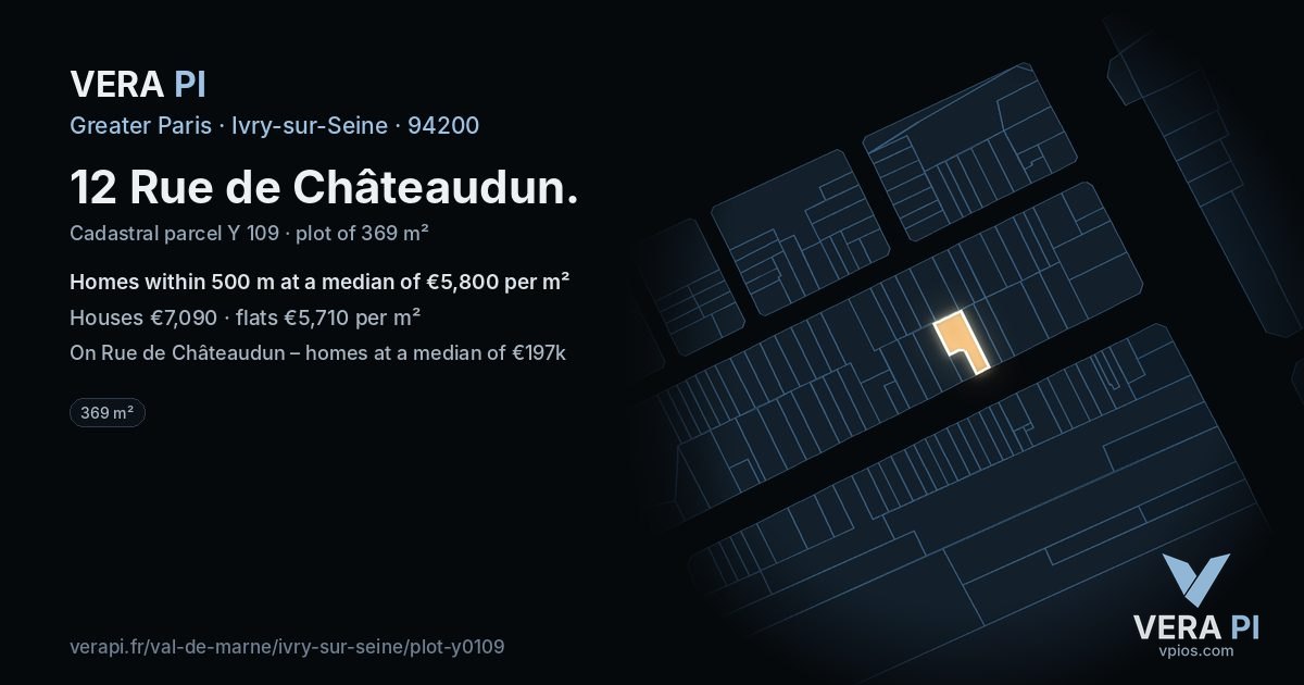 12 Rue de Châteaudun, Ivry-sur-Seine at night – the plot lit, the parcels around coloured by the prices near them