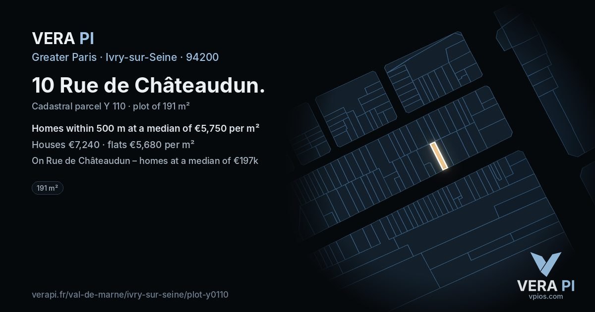 10 Rue de Châteaudun, Ivry-sur-Seine at night – the plot lit, the parcels around coloured by the prices near them
