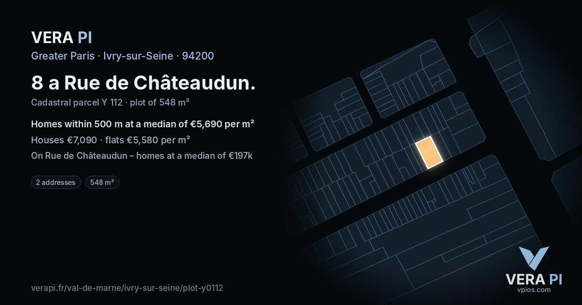 8 a Rue de Châteaudun, Ivry-sur-Seine at night – the plot lit, the parcels around coloured by the prices near them