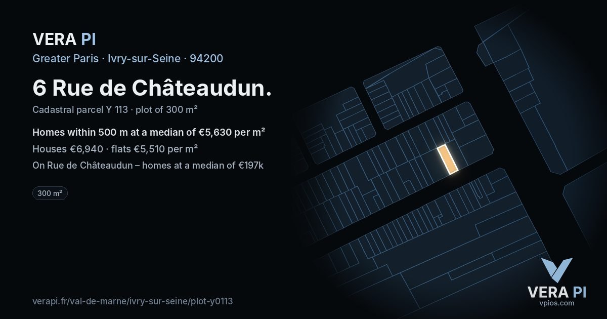 6 Rue de Châteaudun, Ivry-sur-Seine at night – the plot lit, the parcels around coloured by the prices near them