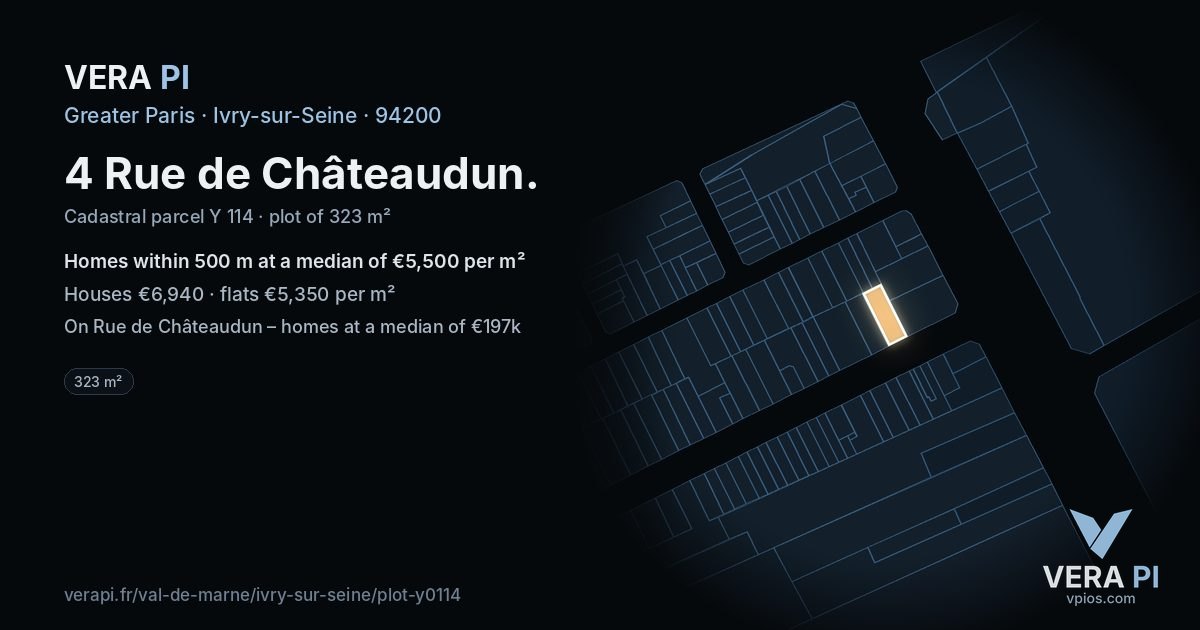 4 Rue de Châteaudun, Ivry-sur-Seine at night – the plot lit, the parcels around coloured by the prices near them
