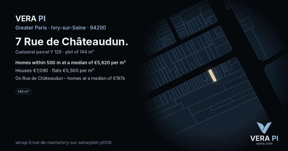 7 Rue de Châteaudun, Ivry-sur-Seine at night – the plot lit, the parcels around coloured by the prices near them