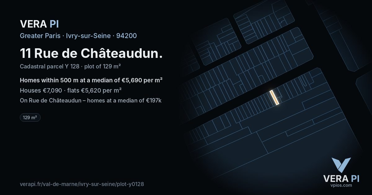 11 Rue de Châteaudun, Ivry-sur-Seine at night – the plot lit, the parcels around coloured by the prices near them