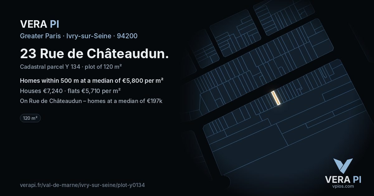 23 Rue de Châteaudun, Ivry-sur-Seine at night – the plot lit, the parcels around coloured by the prices near them