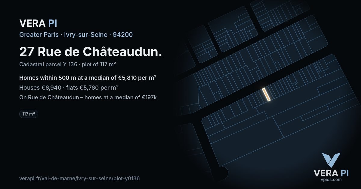 27 Rue de Châteaudun, Ivry-sur-Seine at night – the plot lit, the parcels around coloured by the prices near them