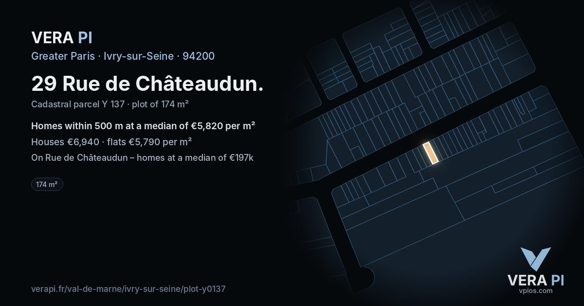 29 Rue de Châteaudun, Ivry-sur-Seine at night – the plot lit, the parcels around coloured by the prices near them