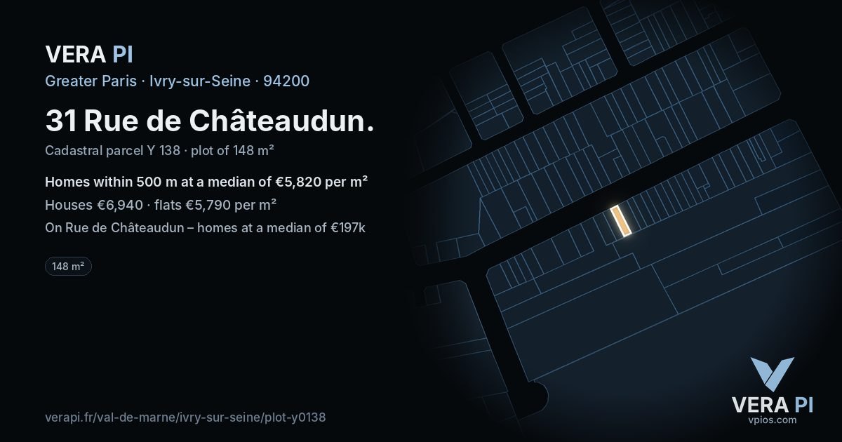 31 Rue de Châteaudun, Ivry-sur-Seine at night – the plot lit, the parcels around coloured by the prices near them