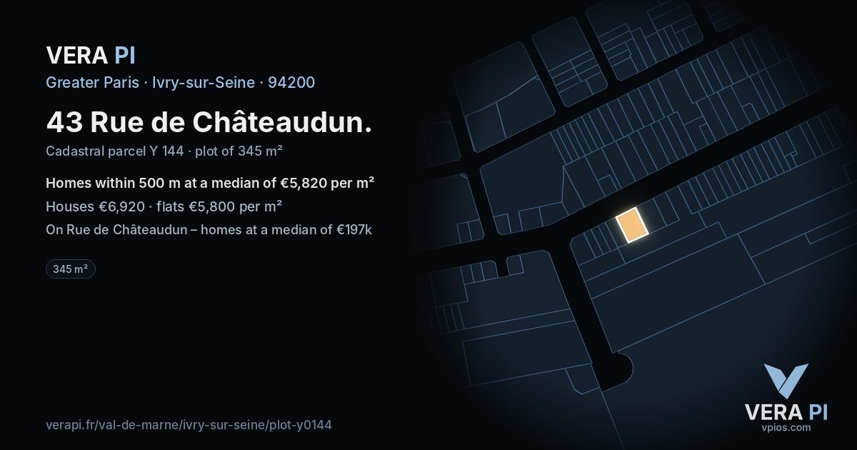 43 Rue de Châteaudun, Ivry-sur-Seine at night – the plot lit, the parcels around coloured by the prices near them