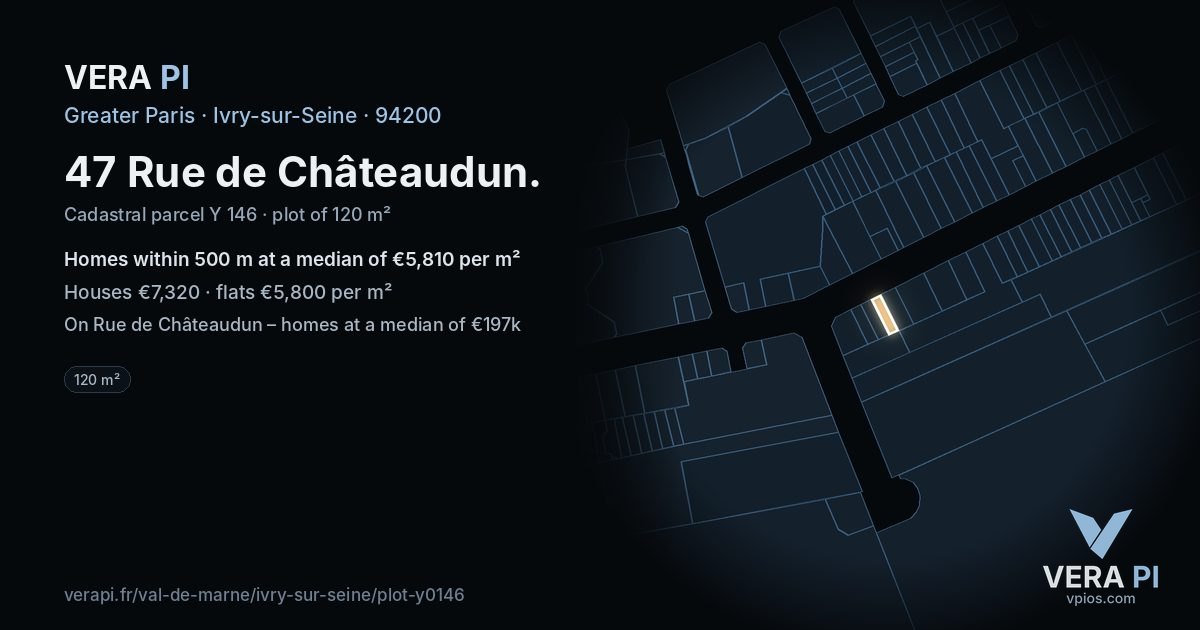 47 Rue de Châteaudun, Ivry-sur-Seine at night – the plot lit, the parcels around coloured by the prices near them