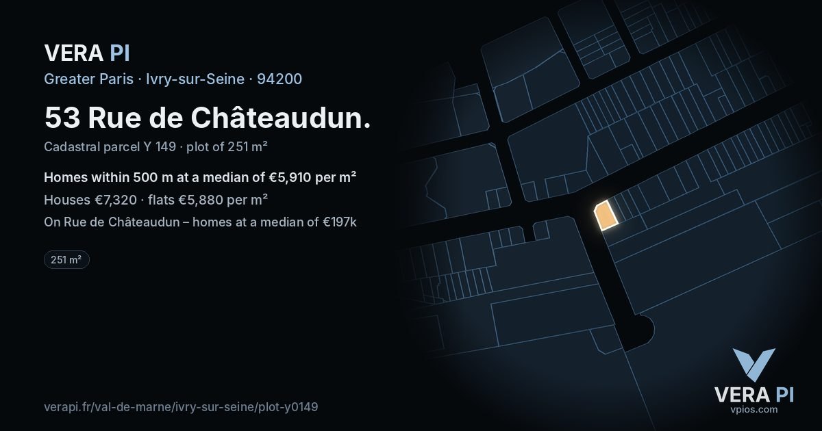 53 Rue de Châteaudun, Ivry-sur-Seine at night – the plot lit, the parcels around coloured by the prices near them