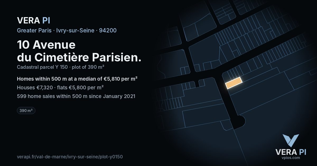 10 Avenue du Cimetière Parisien, Ivry-sur-Seine at night – the plot lit, the parcels around coloured by the prices near them