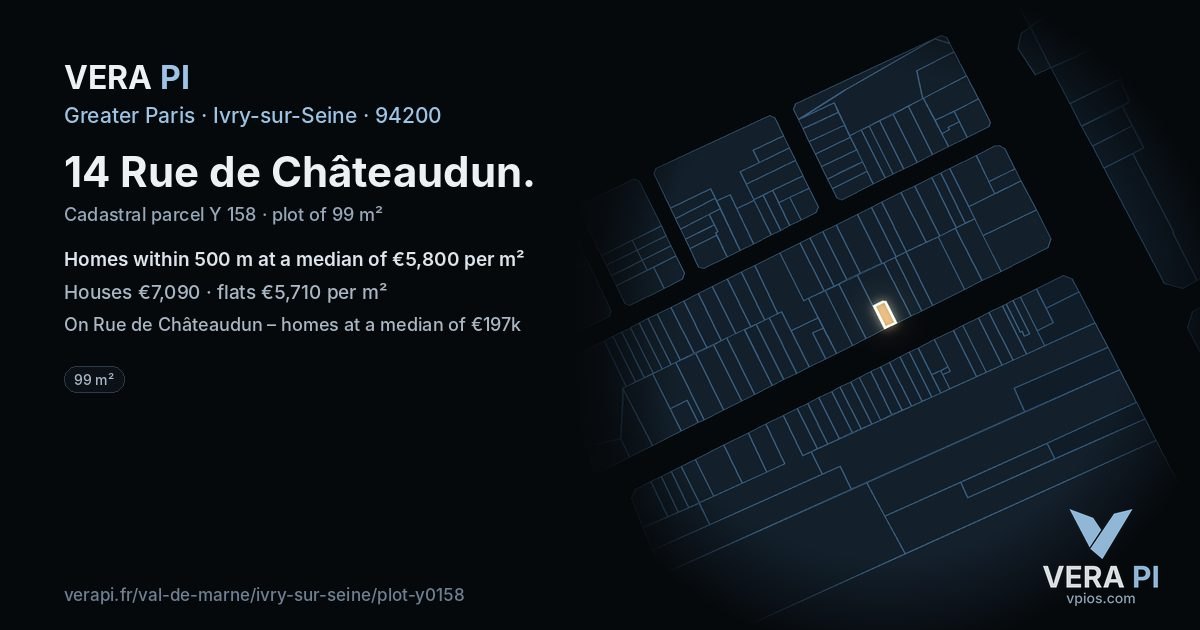 14 Rue de Châteaudun, Ivry-sur-Seine at night – the plot lit, the parcels around coloured by the prices near them