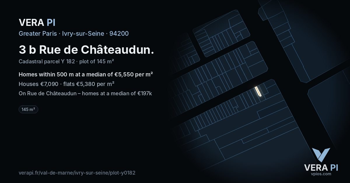 3 b Rue de Châteaudun, Ivry-sur-Seine at night – the plot lit, the parcels around coloured by the prices near them