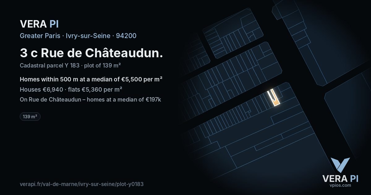 3 c Rue de Châteaudun, Ivry-sur-Seine at night – the plot lit, the parcels around coloured by the prices near them