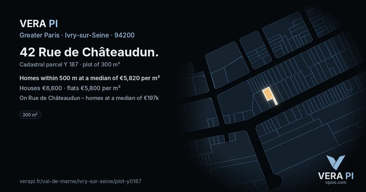42 Rue de Châteaudun, Ivry-sur-Seine at night – the plot lit, the parcels around coloured by the prices near them