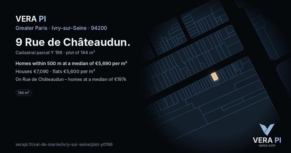 9 Rue de Châteaudun, Ivry-sur-Seine at night – the plot lit, the parcels around coloured by the prices near them