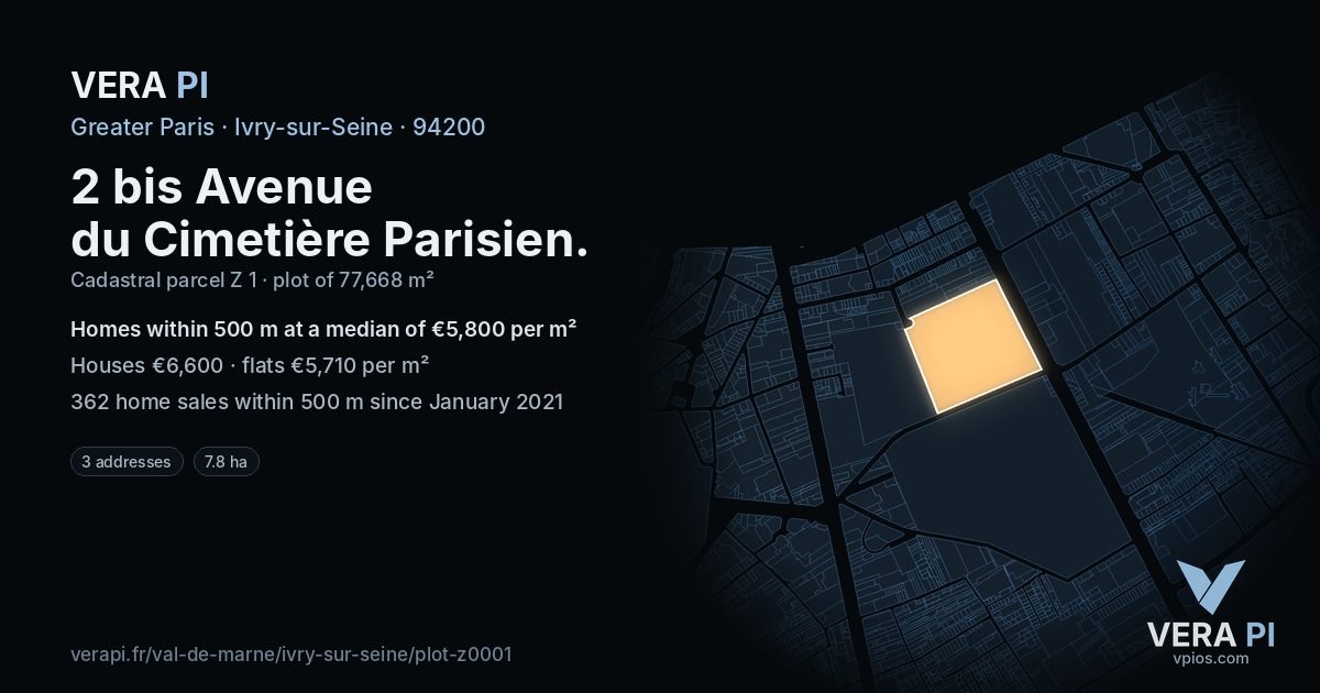 2 bis Avenue du Cimetière Parisien, Ivry-sur-Seine at night – the plot lit, the parcels around coloured by the prices near them