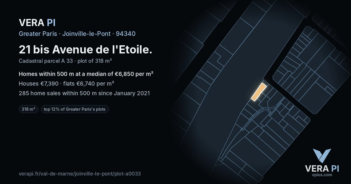 21 bis Avenue de l'Etoile, Joinville-le-Pont at night – the plot lit, the parcels around coloured by the prices near them