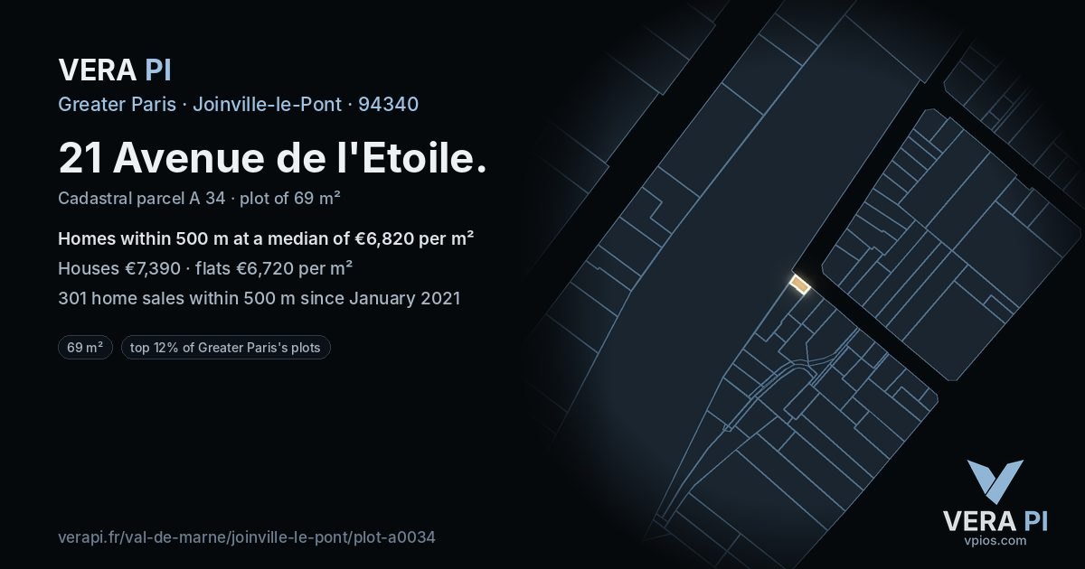 21 Avenue de l'Etoile, Joinville-le-Pont at night – the plot lit, the parcels around coloured by the prices near them