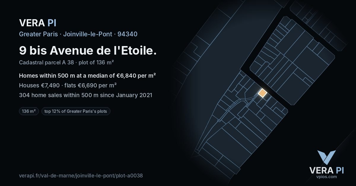 9 bis Avenue de l'Etoile, Joinville-le-Pont at night – the plot lit, the parcels around coloured by the prices near them