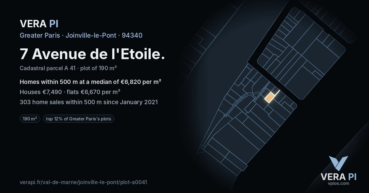 7 Avenue de l'Etoile, Joinville-le-Pont at night – the plot lit, the parcels around coloured by the prices near them