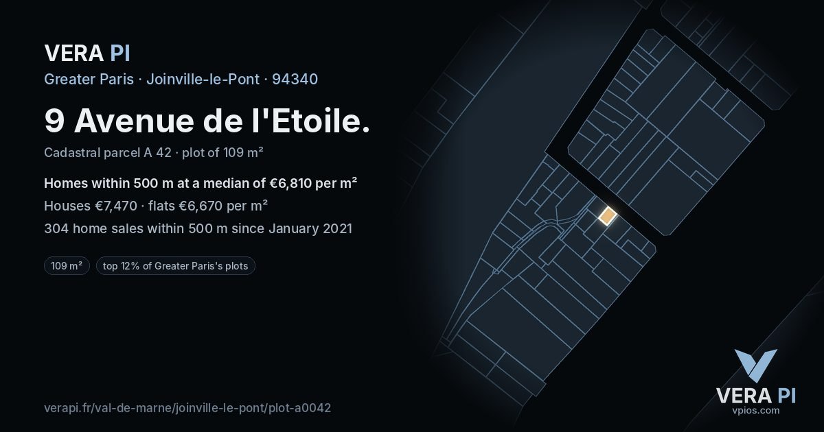 9 Avenue de l'Etoile, Joinville-le-Pont at night – the plot lit, the parcels around coloured by the prices near them