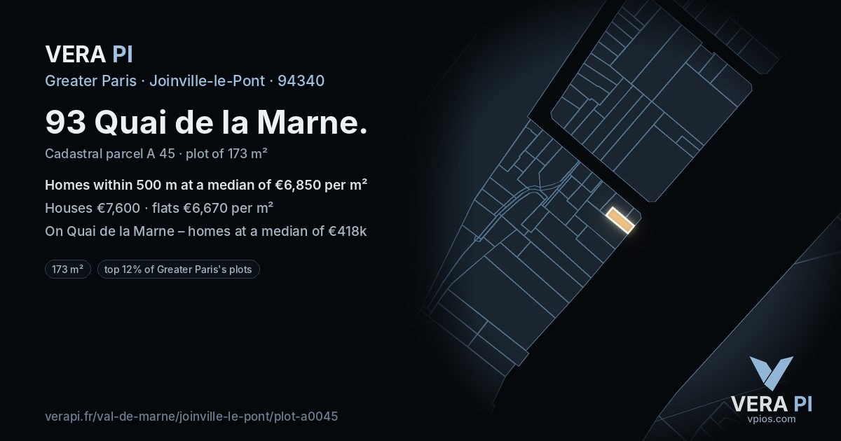 93 Quai de la Marne, Joinville-le-Pont at night – the plot lit, the parcels around coloured by the prices near them