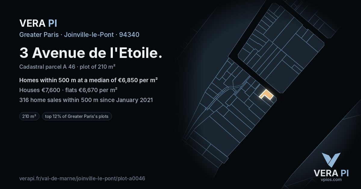 3 Avenue de l'Etoile, Joinville-le-Pont at night – the plot lit, the parcels around coloured by the prices near them