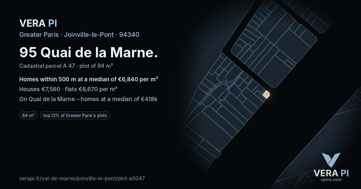 95 Quai de la Marne, Joinville-le-Pont at night – the plot lit, the parcels around coloured by the prices near them