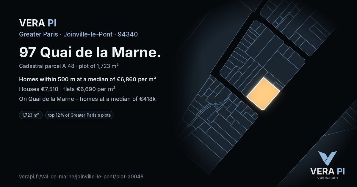 97 Quai de la Marne, Joinville-le-Pont at night – the plot lit, the parcels around coloured by the prices near them