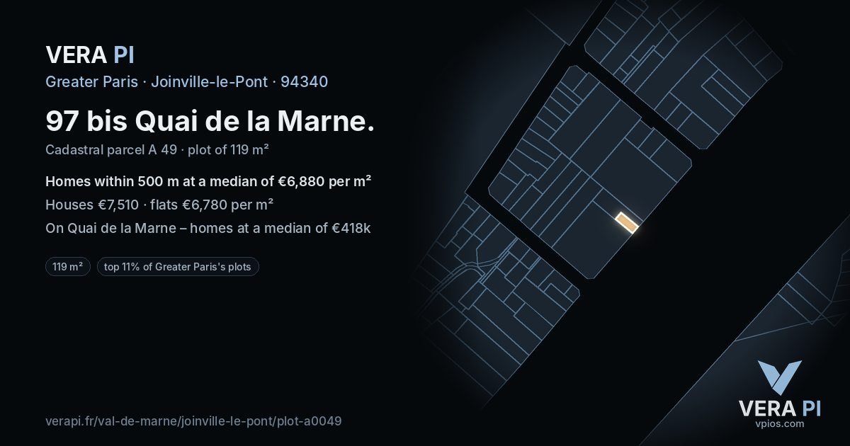 97 bis Quai de la Marne, Joinville-le-Pont at night – the plot lit, the parcels around coloured by the prices near them