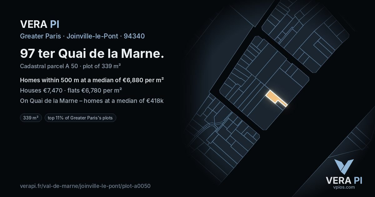 97 ter Quai de la Marne, Joinville-le-Pont at night – the plot lit, the parcels around coloured by the prices near them