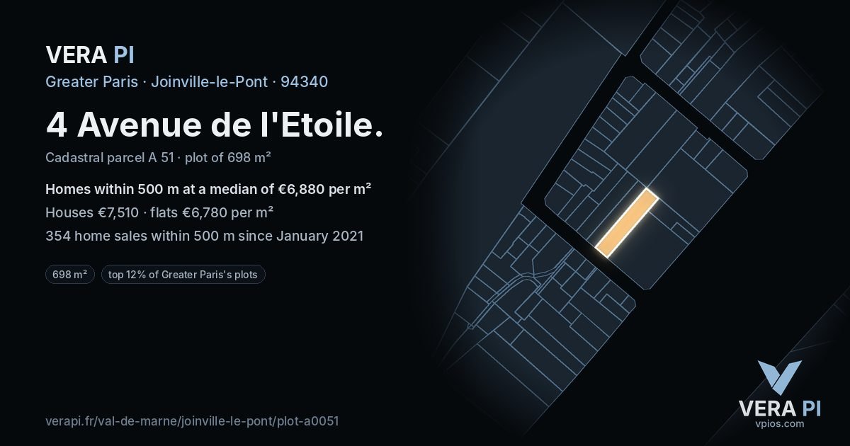 4 Avenue de l'Etoile, Joinville-le-Pont at night – the plot lit, the parcels around coloured by the prices near them