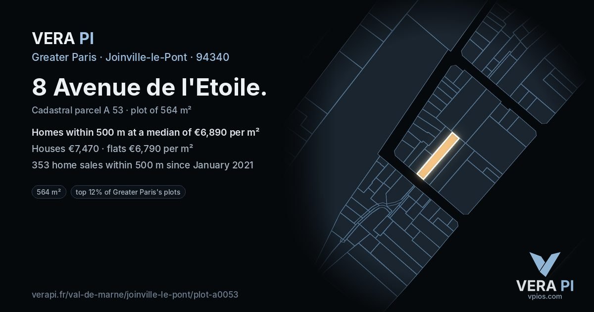 8 Avenue de l'Etoile, Joinville-le-Pont at night – the plot lit, the parcels around coloured by the prices near them