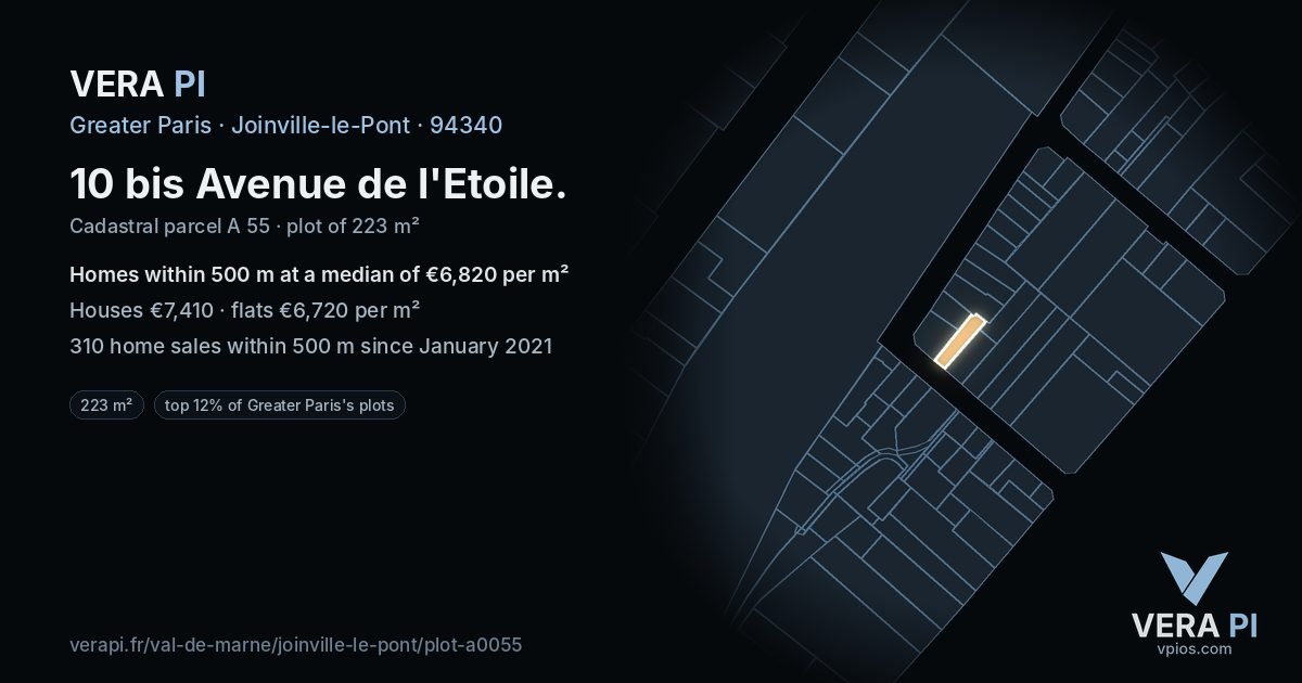 10 bis Avenue de l'Etoile, Joinville-le-Pont at night – the plot lit, the parcels around coloured by the prices near them